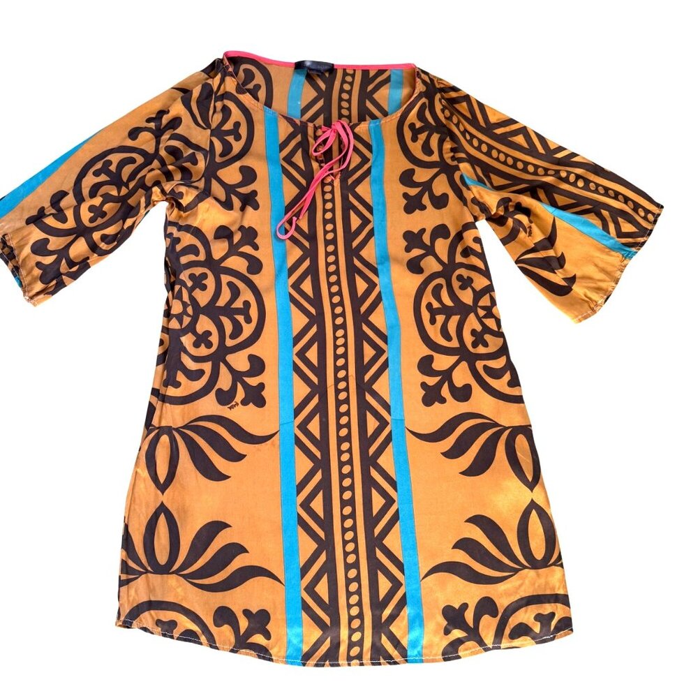 Hale Bob Women's Tunic Dress Sz Orange Brown Printed Pockets Silk Blend Boho